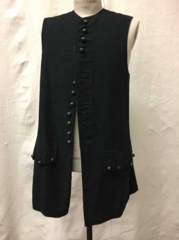 Black, Cotton, Crew Neck, Painted Wood Ball Buttons, Button Down Flap Pockets, 13 Buttons, Shorter Back, Side Seam Slits, Double