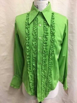 Mens, Formal Shirt, NL, Lime Green, Cotton, Polyester, Solid, 33S, 15.5N, Button Front, Long Sleeves, Ruffles On Front, Long Collar Points,