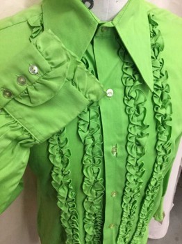 Mens, Formal Shirt, NL, Lime Green, Cotton, Polyester, Solid, 33S, 15.5N, Button Front, Long Sleeves, Ruffles On Front, Long Collar Points,