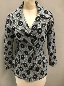 Womens, Blouse, N/L, Black, White, Polyester, Diamonds, Geometric, Long Sleeves, Double Knit Polyester, Wide Lapel, 4 Buttons, 2 Hip Pockets,