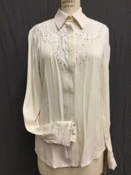 N/L, Cream, Silk, Cotton, Solid, Cream , Collar Attached, Off White Floral Embroidery Eye-lit Lace Trim, Button Front, Long Sleeves W/matching Eye-lit Lace Cuffs