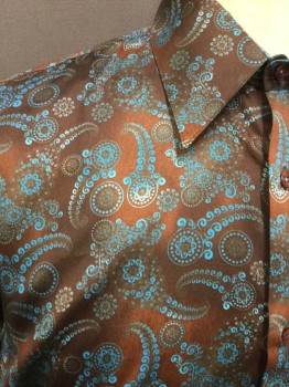 Mens, Shirt Disco, CHRISTIAN COUTURE, Brown, Blue, Cotton, Paisley/Swirls, Dots, XXL, L/S, B.F., Pointed C.A., French Cuffs