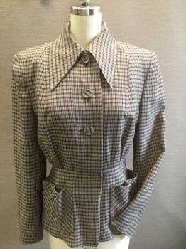 Womens, Blazer, NO LABEL , Lt Gray, Gray, Red Burgundy, Black, Wool, Plaid - Tattersall, 26w, 36bust, Collar Attached, Button Front = 3 Covered Buttons, Long Sleeves, No Buttons at Cuffs, 2 Snaps C/F at Waist, Nipped in Waist, 2 Front Patch Pockets with  Covered Buttons, Dusty Peach Crepe Silk Lining, Padded Shoulders