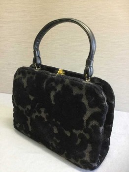 Womens, Purse, N/L, Black, Gray, Cotton, Leather, Floral, Gray Background with Black High Pile Velvet Floral Pattern, Rectangular Shape, Gold Clasp Closure. 1 Black Leather Hand Strap