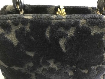 Womens, Purse, N/L, Black, Gray, Cotton, Leather, Floral, Gray Background with Black High Pile Velvet Floral Pattern, Rectangular Shape, Gold Clasp Closure. 1 Black Leather Hand Strap