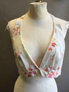 N/L, Off White, Pink, Goldenrod Yellow, Green, Red, Poly/Cotton, Floral, Halter Bralette, Cream with Pink/Goldenrod/Green, Pleated Front, Elastic Back, Button Halter Back