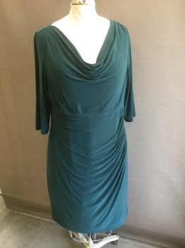 Womens, Dress, Long & 3/4 Sleeve, RALPH LAUREN, Forest Green, Polyester, Spandex, Solid, 20, Cowl/Draped Scoop Neck, 3/4 Sleeves, Ruched Detail at Side Hip, Hem Below Knee