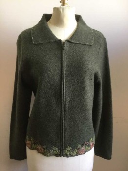 Womens, Sweater, WOOLRICH, Dk Olive Grn, Green, Orange, Brown, Tan Brown, Wool, Solid, Novelty Pattern, S, Zip Front, Ribbed Knit Collar Attached, Hem Stitched Collar, Embroidery Hem Strawberry Motif with Beading