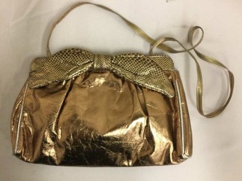 KAREN, Bronze Metallic, Gold, Brown, Animal Print, Solid, with Gold/brown Snakeskin Print Bow, Snap Closure, Skinny Bronze Strap