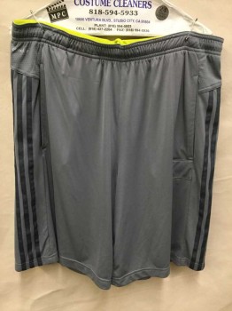 Mens, Shorts, ADIDAS, Gray, Neon Yellow, Dk Green, Polyester, Solid, L, Gray W/neon Yellow Inside Waistband, 3 Dark Green Vertical Stripes on Side