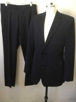 HUGO BOSS, Black, Wool, Solid, Single Breasted, Collar Attached, Notched Lapel, 3 Pockets, 2 Buttons