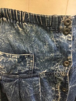 Womens, Skirt, A.B.S, Denim Blue, Cotton, Mottled, M, Uneven Dye/Wash Denim, Elastic Waist, Button Front, Dropped Waist with Pleats, 2 Front Pockets at Hips, Ankle Length