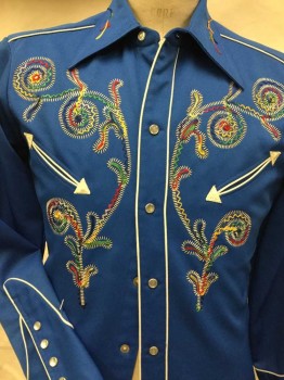 Mens, Western, H BAR C , Royal Blue, White, Multi-color, Synthetic, Solid, Novelty Pattern, 16/33, Royal Blue, White Piping Trim, Multi Color Novelty Embroidery, Snap Front, Collar Attached, Long Sleeves,