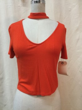 FOREVER 21, Orange, Synthetic, Solid, Orange, V-neck, with Crew Neck Strap, Cropped, Short Sleeves, Ribbed