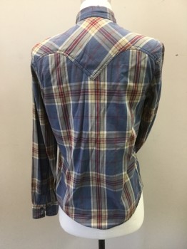 ARIZONA, Slate Blue, Khaki Brown, Red, Cotton, Plaid, Long Sleeves, Collar Attached, 2 Snap Down Pockets. Slate Blue Snap Down Buttons at Center Front