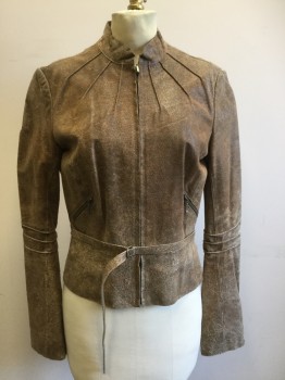 ARMANI EXCHANGE, Brown, Leather, Solid, Crackled Leather, Zip Front, Stand Collar, Pleated From Collar Front and Back, Peplum, 2 Zip Pockets, L/S Pleated Interior Elbow, Self Double D-ring Buckle Belt, *Shoulders Wearing Away*