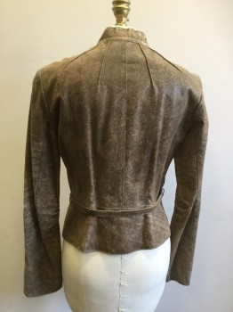 ARMANI EXCHANGE, Brown, Leather, Solid, Crackled Leather, Zip Front, Stand Collar, Pleated From Collar Front and Back, Peplum, 2 Zip Pockets, L/S Pleated Interior Elbow, Self Double D-ring Buckle Belt, *Shoulders Wearing Away*