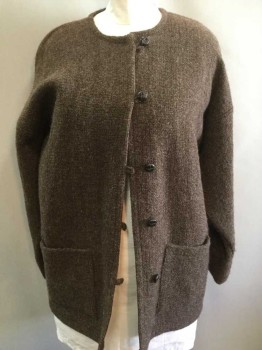 Womens, Sweater, BOGSIDE WEAVING, Brown, Wool, Solid, XL, Scratchy Wool Cardigan, Dark Brown Buttons, 2 Patch Pockets at Hips, Round Neck,