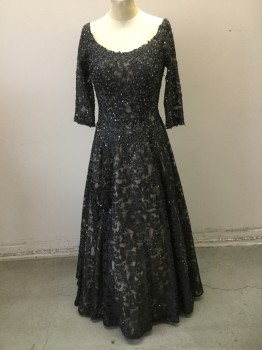 JOVANI, Black, Beige, Pewter Gray, Silver, Synthetic, Black & Silver Lace Overlay on Beige Underskirt & Bodice, Scoop Neckline 3/4 Lace Sleeves. Dress Fitted Through Waist with Pewter R.stones and Sequins. White Tulle Underskirt ( Some Damage to Hemline. Additional Tulle, Safety Pinned to Under Dress