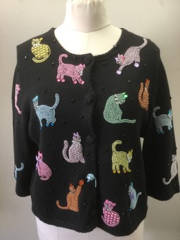 MICHAEL SIMON, Black, Multi-color, Ramie, Cotton, Solid, Black with Multicolor Beaded Cat Novelty Pattern and Black Plastic Hearts, Crochet Knit Button Front, Long Sleeves