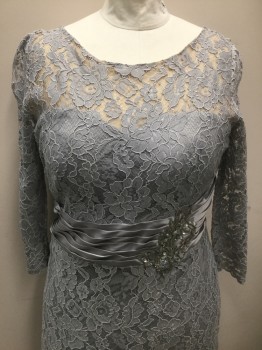 CINDY, Gray, Lt Gray, Nylon, Rayon, Floral, Solid, Sheer Floral Lace, 3/4 Sleeves, Scoop Neck, Solid Gray Satin Pleated Waistband, with Clear Rhinestone Detail on Floral Applique at Side Front, Floor Length Hem