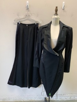 Womens, 1980s Vintage, Suit, Jacket, NO LABEL, Black, Wool, Synthetic, Solid, B 38 , Tails Tuxedo, Satin Unusual Peaked Lapel, 1 Snap Closure, Curved Satin Seams Along Sides and Sleeves, Reverse Tail Coat,
