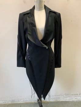 Womens, 1980s Vintage, Suit, Jacket, NO LABEL, Black, Wool, Synthetic, Solid, B 38 , Tails Tuxedo, Satin Unusual Peaked Lapel, 1 Snap Closure, Curved Satin Seams Along Sides and Sleeves, Reverse Tail Coat,