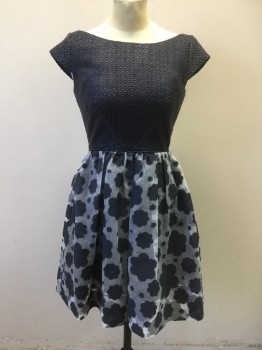 ORLA KIELY, Slate Gray, Lt Gray, Cotton, Polyester, Solid, Floral, Slate Gray Geometric Textured Bodice, Cap Sleeves Bateau/Boat Neck, Skirt is Light Gray Organza with Slate Gray Novelty Flower Pattern, Over Opaque Gray Under Layer, Gathered at Waist, Hem Just Above Knee