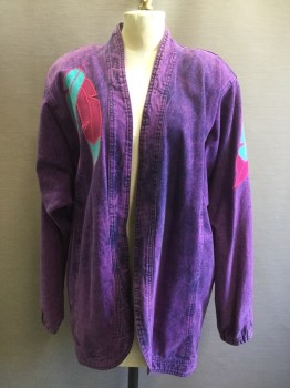 N/L, Purple, Cotton, Purple Stonewashed, Fuchsia/Turquoise Felt Feather Detail with Hot Pink Embroidery Stitching, Native American Inspired Symbol on Back, Open Front, 2 Pockets, Inverted Pleats Back From Shoulder and From Waist, Elastic Cuffs, Shoulder Pads