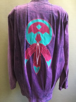 N/L, Purple, Cotton, Purple Stonewashed, Fuchsia/Turquoise Felt Feather Detail with Hot Pink Embroidery Stitching, Native American Inspired Symbol on Back, Open Front, 2 Pockets, Inverted Pleats Back From Shoulder and From Waist, Elastic Cuffs, Shoulder Pads