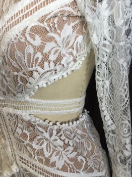 Womens, Dress, Long & 3/4 Sleeve, FOR LOVE & LEMONS, White, Lt Beige, Nylon, Polyester, Floral, M, White Lace with Lt Beige Lining, Small Round White Knobs Trim Round Neck with White Ribbon Tie @ Neck, W/Ruffle Cuffs & Hem, Open Back, Self Attached Belt with 2 Gold Snaps