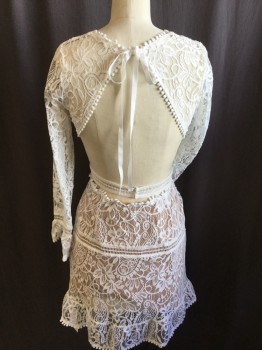 Womens, Dress, Long & 3/4 Sleeve, FOR LOVE & LEMONS, White, Lt Beige, Nylon, Polyester, Floral, M, White Lace with Lt Beige Lining, Small Round White Knobs Trim Round Neck with White Ribbon Tie @ Neck, W/Ruffle Cuffs & Hem, Open Back, Self Attached Belt with 2 Gold Snaps