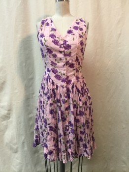 Womens, Dress, Sleeveless, HER STYLE, Pink, Purple, Green, Cotton, Floral, S, V-neck, Button Front, Gathered Waist, Ruffle Trim, Sleeveless