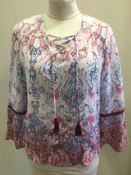 Womens, Top, ST. JOHN'S BAY, Lt Pink, Mauve Pink, Periwinkle Blue, White, Cranberry Red, Rayon, Polyester, Abstract , M, Pastel Shades of Pink/Mauve/Periwinkle Etc, 3/4 Sleeve, Self Tie Laces at Neck with Cranberry Tassle Edges, Flared Sleeves with Cranberry Lacework Panel at Forearm