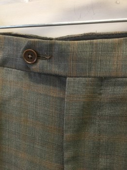 PAUL SMITH, Beige, Brown, Rust Orange, Wool, 2 Color Weave, Plaid-  Windowpane, Brown and Beige Specked Weave, Rust Windowpane Stripes, Flat Front, Button Tab Waist, 4 Pockets, Straight Leg