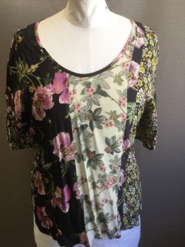 Womens, Top, KAREN KANE, Multi-color, Black, Cream, Mauve Pink, Viscose, Floral, XL, Panels of Varying Floral Patterns, Crepe, Dolman Short Sleeves with Self Ruffle Edges, Scoop Neck, Pullover