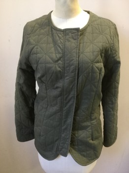 Womens, Casual Jacket, MTO, Olive Green, Cotton, Solid, B 36, Triangle Quilted, Zip Front with Hidden Placket, 2 Pockets, No Collar, Long Sleeves