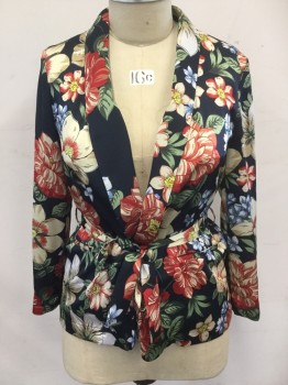 Womens, Casual Jacket, ZARA, Black, Red, Tan Brown, Blue, Green, Polyester, Floral, L, Black with Floral Print, Shawl Collar, Long Sleeves, 2 Pockets, Self Belt