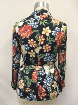 Womens, Casual Jacket, ZARA, Black, Red, Tan Brown, Blue, Green, Polyester, Floral, L, Black with Floral Print, Shawl Collar, Long Sleeves, 2 Pockets, Self Belt