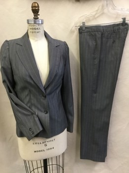 Womens, Suit, Jacket, WILLIAM B., Gray, Baby Blue, Black, Gray, Wool, Polyester, Stripes - Vertical , 4, Jacket: Gray with Baby Blue Fine Vertical Stripes, Baby Blue with Black/gray Floral Print Lining, Notched Lapel, Single Breasted, 2 Button Front, Small Puffy Long Sleeves, Bone Bodice, with Matching Pants