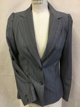 WILLIAM B., Gray, Baby Blue, Black, Gray, Wool, Polyester, Stripes - Vertical , Jacket: Gray with Baby Blue Fine Vertical Stripes, Baby Blue with Black/gray Floral Print Lining, Notched Lapel, Single Breasted, 2 Button Front, Small Puffy Long Sleeves, Bone Bodice, with Matching Pants