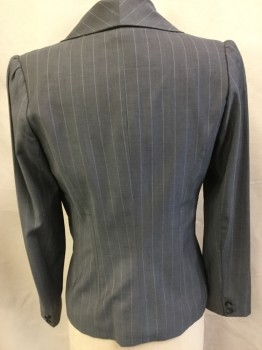 WILLIAM B., Gray, Baby Blue, Black, Gray, Wool, Polyester, Stripes - Vertical , Jacket: Gray with Baby Blue Fine Vertical Stripes, Baby Blue with Black/gray Floral Print Lining, Notched Lapel, Single Breasted, 2 Button Front, Small Puffy Long Sleeves, Bone Bodice, with Matching Pants