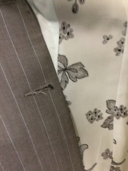 Womens, Suit, Jacket, WILLIAM B., Gray, Baby Blue, Black, Gray, Wool, Polyester, Stripes - Vertical , 4, Jacket: Gray with Baby Blue Fine Vertical Stripes, Baby Blue with Black/gray Floral Print Lining, Notched Lapel, Single Breasted, 2 Button Front, Small Puffy Long Sleeves, Bone Bodice, with Matching Pants