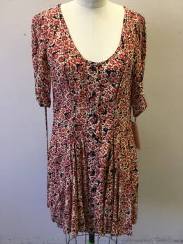 Womens, Dress, Short Sleeve, FREE PEOPLE, Cream, Black, Rust Orange, Viscose, Floral, L, Multiple, Button Front, Scoop Neck, Lace Up Detail on Sleeve & Back, Pleated Skirt