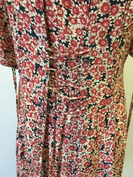 Womens, Dress, Short Sleeve, FREE PEOPLE, Cream, Black, Rust Orange, Viscose, Floral, L, Multiple, Button Front, Scoop Neck, Lace Up Detail on Sleeve & Back, Pleated Skirt