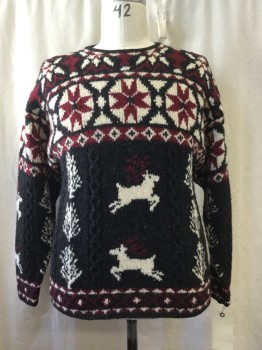 Mens, Pullover Sweater, WOOLRICH, Charcoal Gray, Red Burgundy, Ivory White, Wool, Novelty Pattern, Holiday, L, Crew Neck,