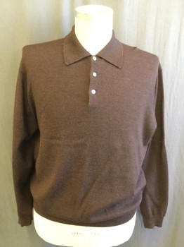 Mens, Pullover Sweater, PRONTO UOMO, Chocolate Brown, Dk Brown, Wool, Heathered, M, Polo Neck, 3 Button, Long Sleeves, Rib Knit Collar Cuffs and Waistband,