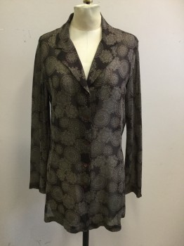 Womens, Blouse, EXPRESS, Dk Brown, Warm Gray, Tan Brown, Brown, Polyester, Floral, Medallion Pattern, S, Button Front, Collar Attached, Notched Lapel,  Long Sleeves, Sheer, Thigh Length Hem,