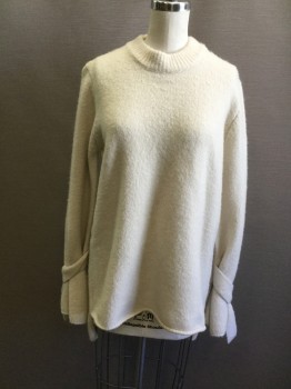 Womens, Pullover, J.O.A., Cream, Acrylic, Polyester, Solid, XS, Ribbed Knit Doubled Collar, Long Sleeves with Self Cuff Tie Belt Attached and Slit Up Seam, Hem Higher in Front Than Back