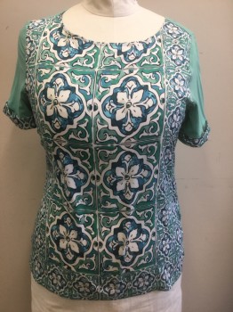 Womens, Top, THE LIMITED, Sea Foam Green, White, Blue, Black, Aqua Blue, Polyester, Rayon, Geometric, XL, Front is Seafoam/White/Blue/Black/Aqua in Mediterranean Tile Pattern Crepe, Short Sleeves and Back are Solid Seafoam Jersey, Pullover, Scoop Neck, Crepe Tile Pattern Accent at Sleeve Edges